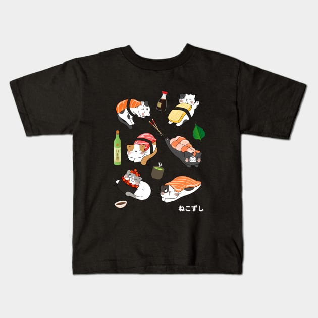 Nekozushi Cute Kawaii Cat Sushi Kids T-Shirt by Designs by Niklee